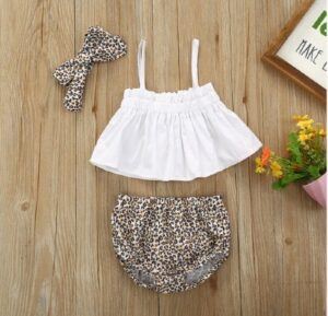 Kids and babies fashion clothes-3-piece Slip Top and Leopard PP Shorts with Headband Set