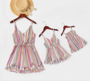 Mother and daughter matching outfits-Colorful Vertical Stripe Matching Shorts Rompers.