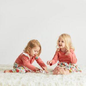 Affordable Mother daughter outfits-Sibling playing on rug wearing matching outfits