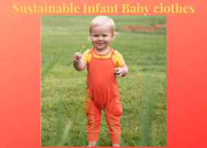 Sustainable Infant Baby Clothes-baby girl in sustainable orange jumpsuit with yellow flower in hand.