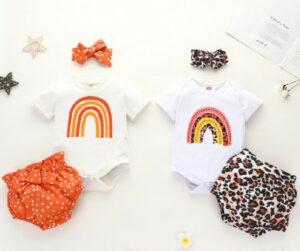 Trends in baby clothes for girls-Girls clothing sets with rainbow onesies and hair accessories