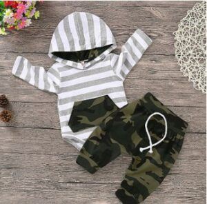 Newborn baby boy set- Baby Boy's Striped Camouflage Hooded Bodysuit and Drawstring Pants