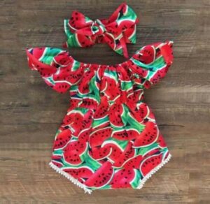 Inexpensive cute baby clothes for girls-Cute watermelon outfit with matching hairband.
