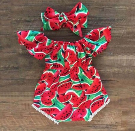 Inexpensive cute baby clothes for girls-Cute watermelon outfit with matching hairband.