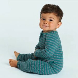 Best sustainable infant baby clothes-Baby sitting up wearing comfortable grey green body suit.