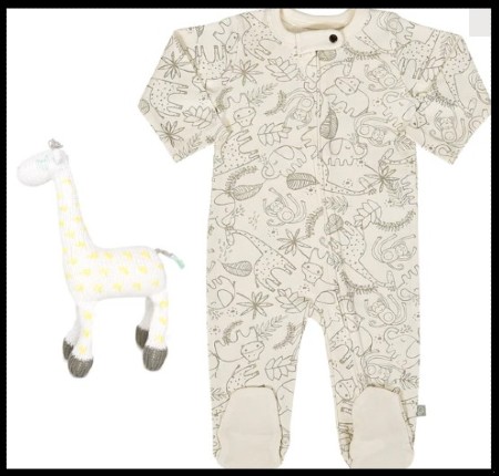 What's the best baby shower gifts?-G.O.T.S organic playsuit and hand knitted giraffe.