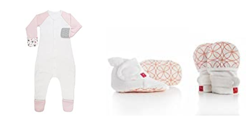 Goumikids review. Image of Goumi kids baby clothes, mittens and booties.