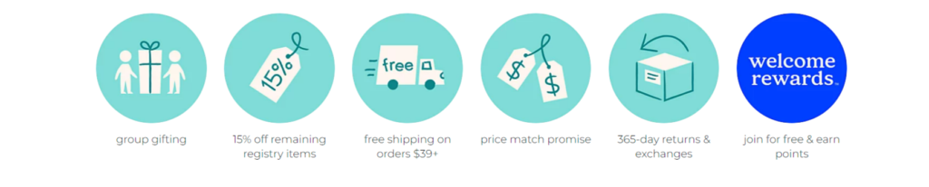 How to get a free baby gift by Buy Buy Baby/-Screenshot of the Buy Buy Baby website with an overview of their perks.